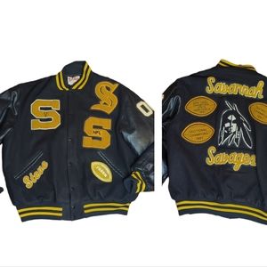 Vintage Letterman's Jacket.  wool/ leather. Black & gold Savannah Savages sz XXL